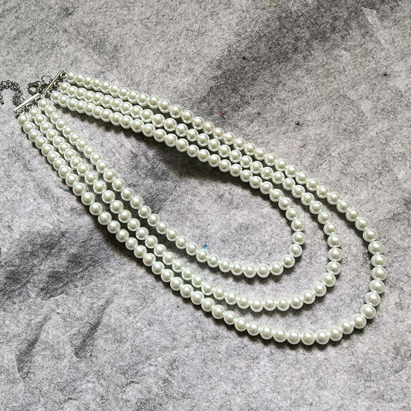 Multilayer Strand Chain Necklace Faux Pearls Flapper Beads Cluster Long Choker Necklace