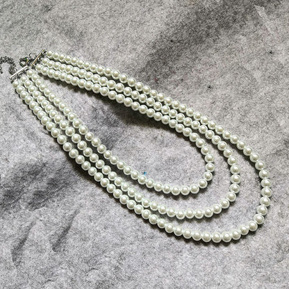 Multilayer Strand Chain Necklace Faux Pearls Flapper Beads Cluster Long Choker Necklace
