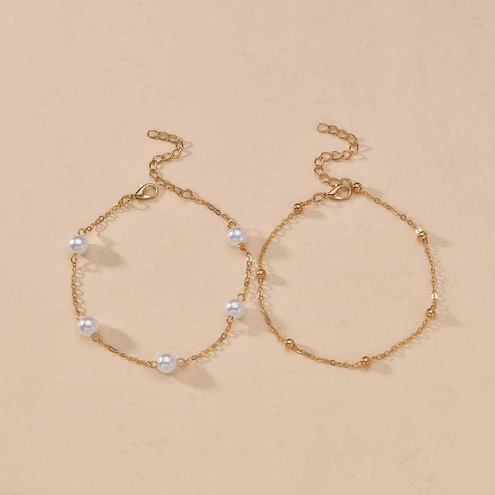 Boho Style Imitation Pearl Layered Beaded Anklet Jewelry
