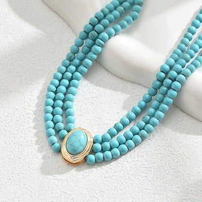 Retro Geometric Beaded Necklace Simple Turquoise Multi-layer