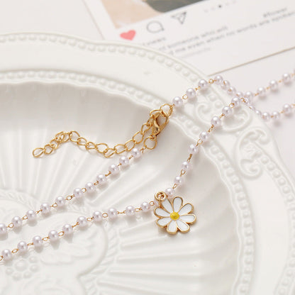 Enamel Flower Necklace Pearl Daisy Pendant