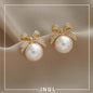 Fashion Bow Rhinestone Pearl Stud Earrings