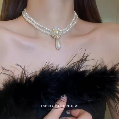 Pearl Double Clavicle Chain Stone Round Pearl Earring Necklace Set