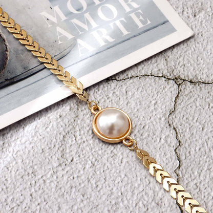 Leaf Chain Pearl Charm Bracelet