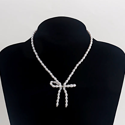 Pearl Chain Bow Knot Pendant Pearl Choker Necklace