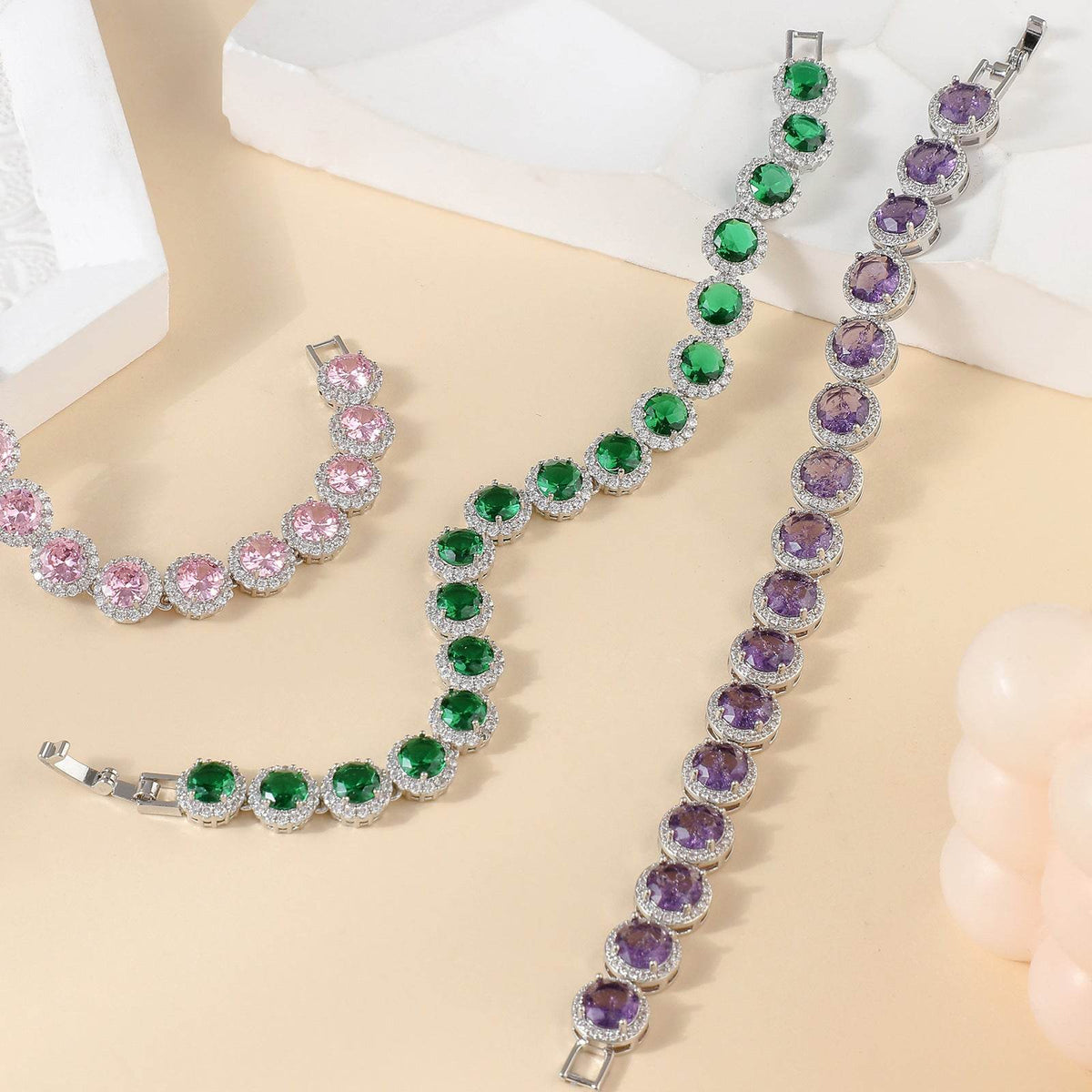 Dazzling Multicolor Cubic Zirconia Round Halo Chain Bracelet, Colored Gem Stones, Adjustable Design, and Unique Patterns