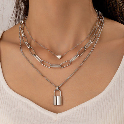 Multi Layered Thick Chain Love Lock Pendant Choker Necklace