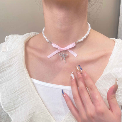 Romantic pink love Bow Pearl Necklace