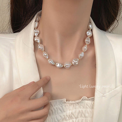 Irregular Baroque Pearl Beaded Necklace for Women Gold Pleated OT Clasp Choker
