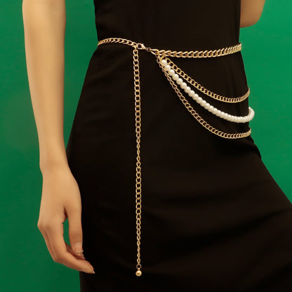 Women Metal Belts Chain Chunky Multi Layer Pearl Waist Chain Belt