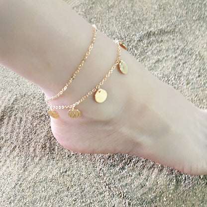 Summer Beach Anklets Jewelry Double-layer Pendant Round Disc Anklets Chain
