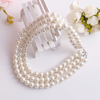 White Pearl Layered Necklace Multi Strand Beaded Pearl Necklace