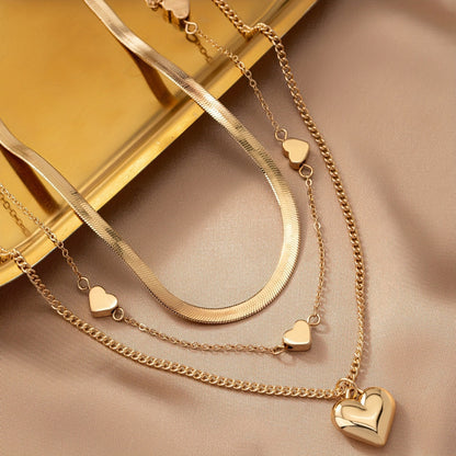 Multi Layered 3pcs Peach Heart Pearl Snake Chain Necklace