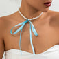 Lace up Velvet Long Pearl Necklace for Women