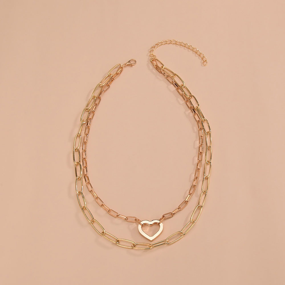 Punk Chunky Choker Double Heart Multi Layer Paper Clip Necklace