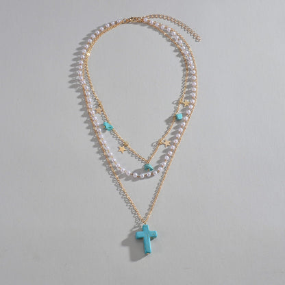 Turquoise Cross Pendant Stars Stone Pearl Multi-Layered