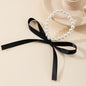 Long Bow Collarbone Chain Necklace DIY Lace up Velvet Pearl Necklace