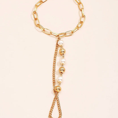 Bohemian Cuban Link Chain Imitation Pearl Beads Finger Ring Bracelet