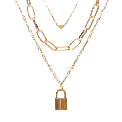 Heart Star Charm Paperclip Chain Choker Necklace Layered Lock Pendant