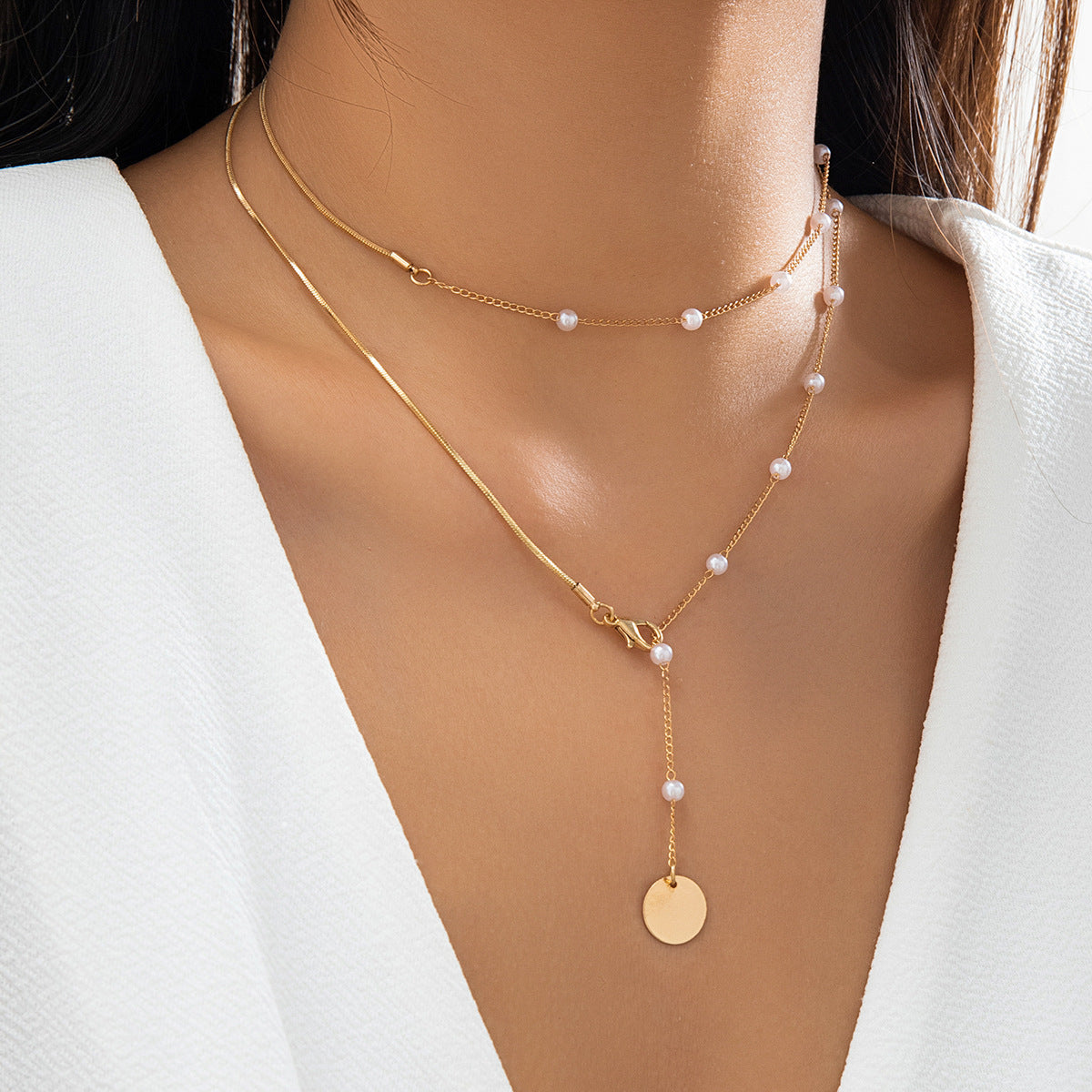Pearl Fringe Star Round Piece Pendant Chain Necklace