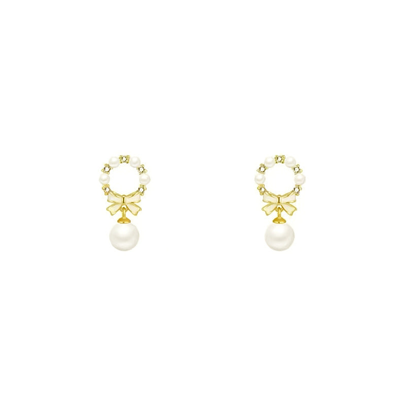 Pearl Rhinestone Bow Earrings