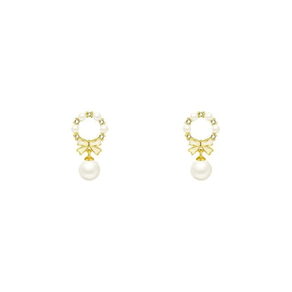 Pearl Rhinestone Bow Earrings