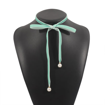 Women Velvet Pearl Bow Choker Simple Long Lace up Necklace