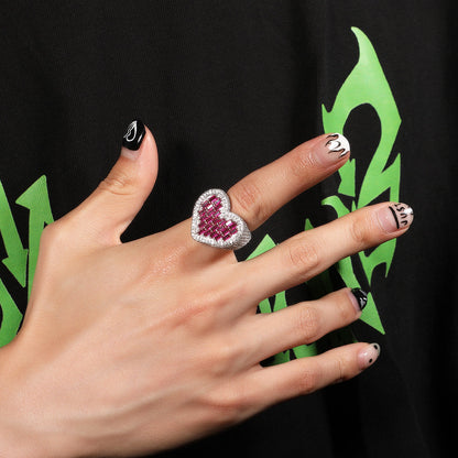 Hip-hop T-square heart-shaped zircon ring