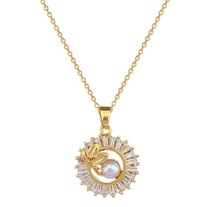 Square Full Diamond  Round Ring Leaves Necklace And Earrings Suite