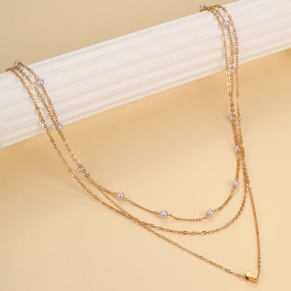Alloy Heart Necklace Double Layer Fashion Chain Pearl Necklace