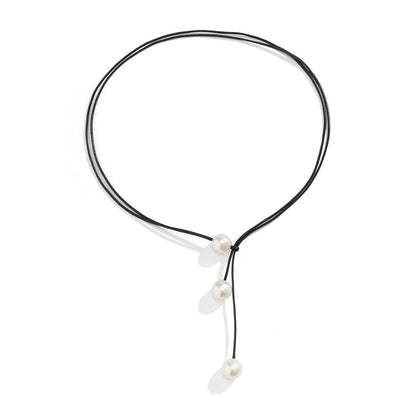 Gorgeous Black Wax Rope Faux Pearl Pendant Necklace