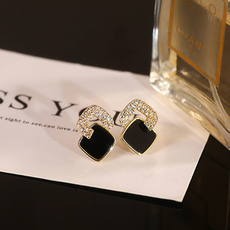 Black Enamel Geometric Square Stud Earrings