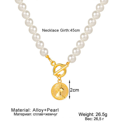 OT Clasp Lock Pearl Pendant Necklaces Gold Coin Charms