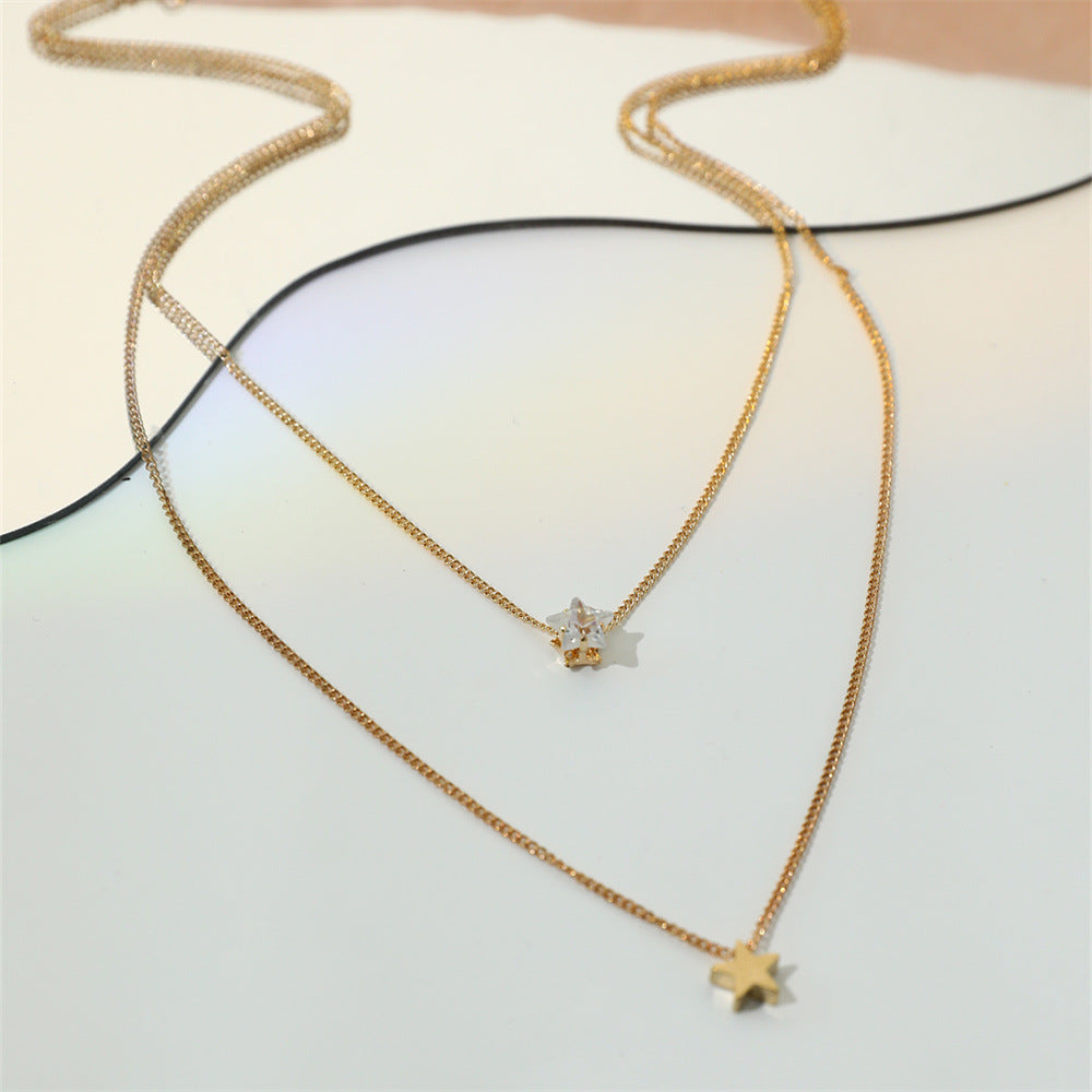 Vintage Multi Layer Zircon Double Crystal Cute Star Choker Chain Necklace