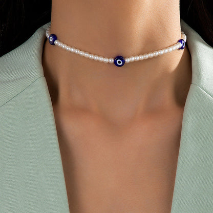Blue Eyed Beads Pendant Women Pearl Necklace Simple Short Collar