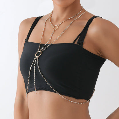 Women Rhinestone Long Necklace Breast Chain