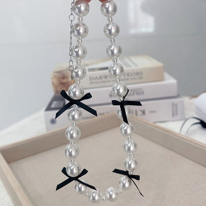 Ribbon Bow Necklace Women's Love Pearl Bead Layered Necklace