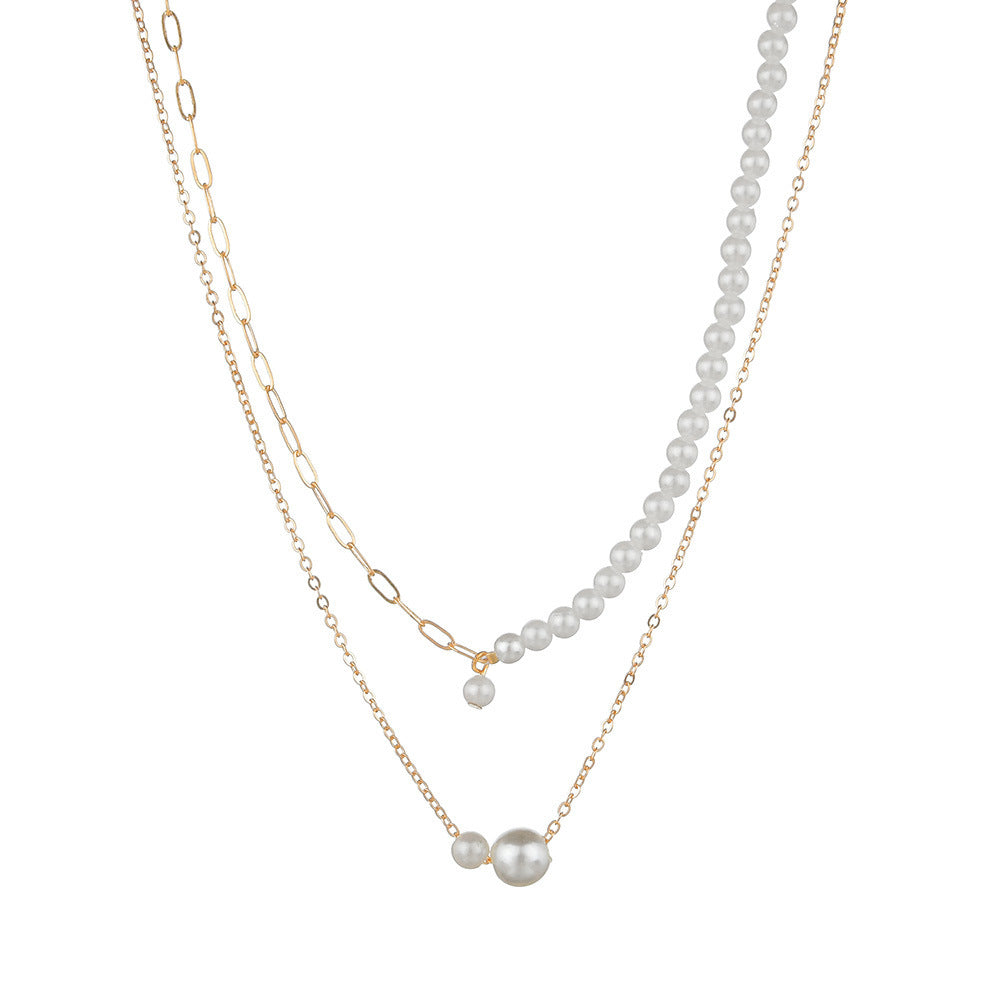 Chain Gold Bead Necklace Pearl Pendant Choker Multi Layer