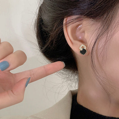 Black Enamel Geometric Square Stud Earrings