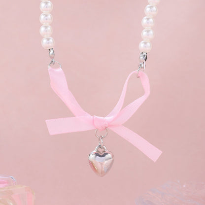 Romantic pink love Bow Pearl Necklace