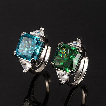Multicolor Ice Flower Cut Square CZ Adjustable Ring, Blue & Green 12*12mm 8A Main Cubic Zirconia, Two Heart Side CZ, Dainty Luxe