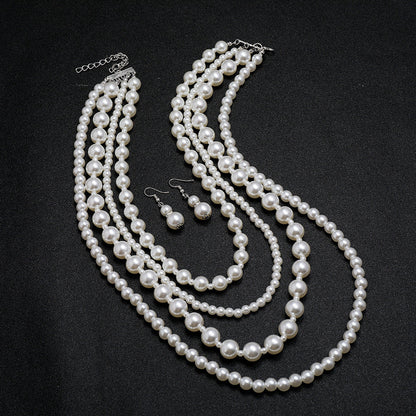 Fashion Multi Layers Long Pearl Necklace Earrings Set for Women