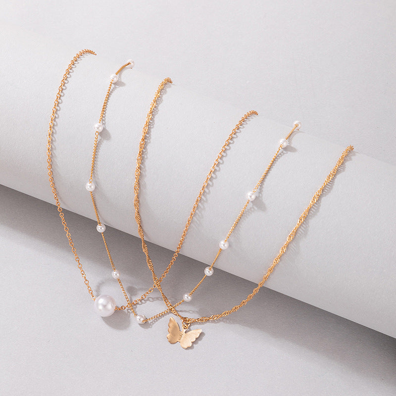 Multi Layers Pearl Butterfly Charm Necklace