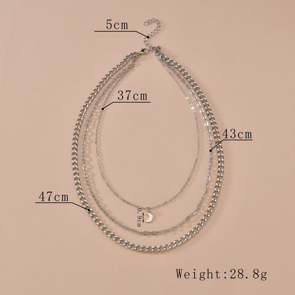 Multi-layered Chain Necklace Crescent Charm