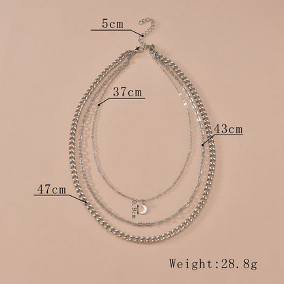 Multi-layered Chain Necklace Crescent Charm