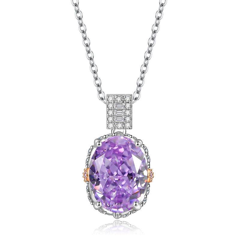 Multicolor Ice Flower Cut Oval CZ Pendant Necklace, 10*14mm 8A Cubic Zirconia, Two-Tone Pave CZ Halo with Pavé Top Frame, Adjustable Chain
