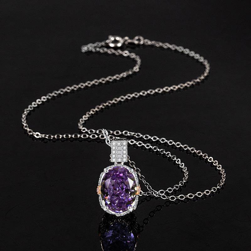 Multicolor Ice Flower Cut Oval CZ Pendant Necklace, 10*14mm 8A Cubic Zirconia, Two-Tone Pave CZ Halo with Pavé Top Frame, Adjustable Chain