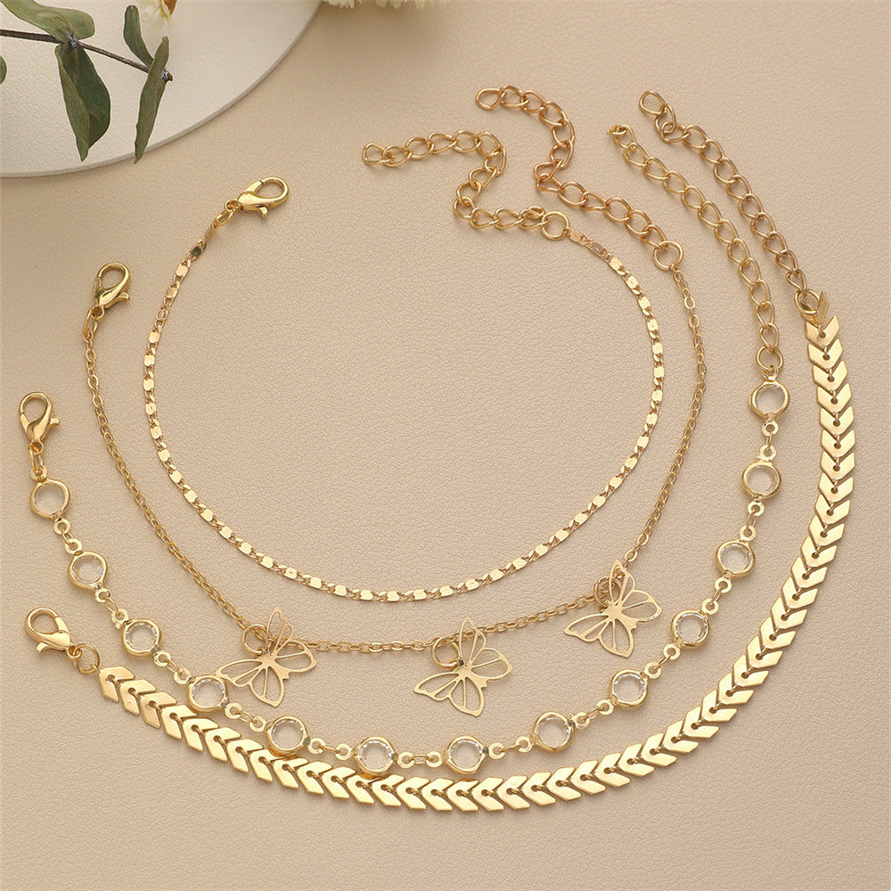 Rhinestone Butterfly Anklet Set Multi Layer Women Summer Beach Anklet Jewelry