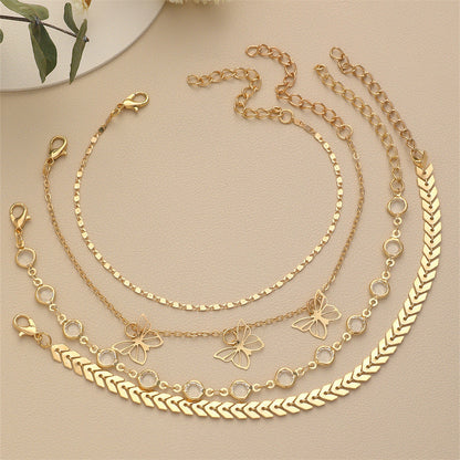 Rhinestone Butterfly Anklet Set Multi Layer Women Summer Beach Anklet Jewelry