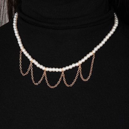 Tassel Round Pearl Choker Chain Pendant Necklace